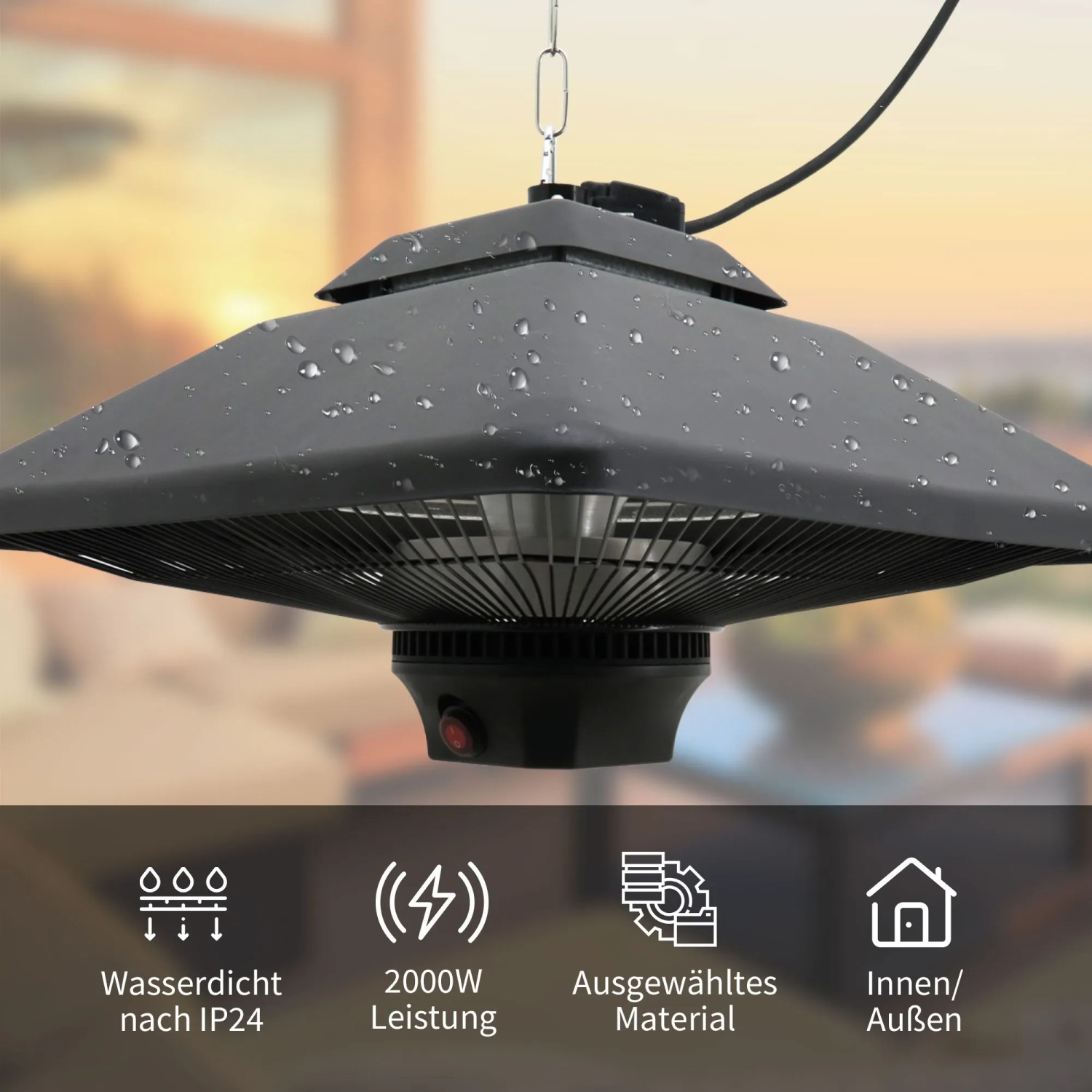 Outsunny Terrassenstrahler mit LED Beleuchtung, 2000W, zur Deckenmontage. Ideal für Terrasse und Balkon.