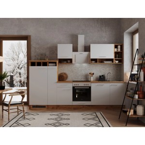 Respekta Küchenzeile 310 cm, Weiß/Wildeiche Dekor mit E-Geräten.