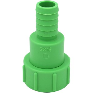 Grüner IBC Adapter S60x6 auf 1,25 Zoll Schlauchtülle mit Verdrehschutz für Regentonnen.