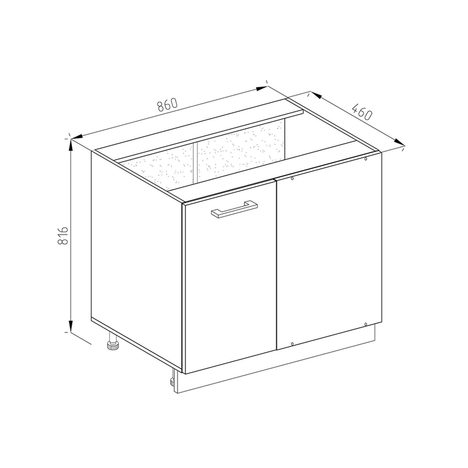 Skizze: Vicco Eckunterschrank R-Line, grau/weiß, Arbeitsplatte Marmor, 86 cm breit. Küchen Eckschrank mit zwei Türen.