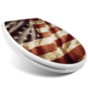 Weißer WC-Sitz mit Absenkautomatik und USA Flagge als Motiv.