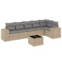 Beige 7-tlg. Garten-Sofagarnitur aus Polyrattan mit Kissen und Tisch.
