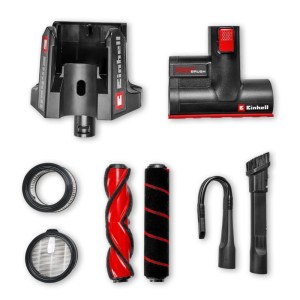 Zubehör für Einhell Akku-Stielstaubsauger: Wandhalterung, Bodendüse, Rollen, Filter, Fugendüse und 2-in-1-Düse.