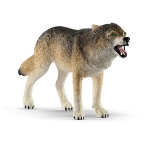 Detailgetreue Schleich Wild Life Wolf Spielfigur mit geöffnetem Maul.