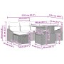 Graues 7-teiliges Garten-Sofa-Set aus Polyrattan mit Kissen und Stauraum. Abmessungen sind eingezeichnet.