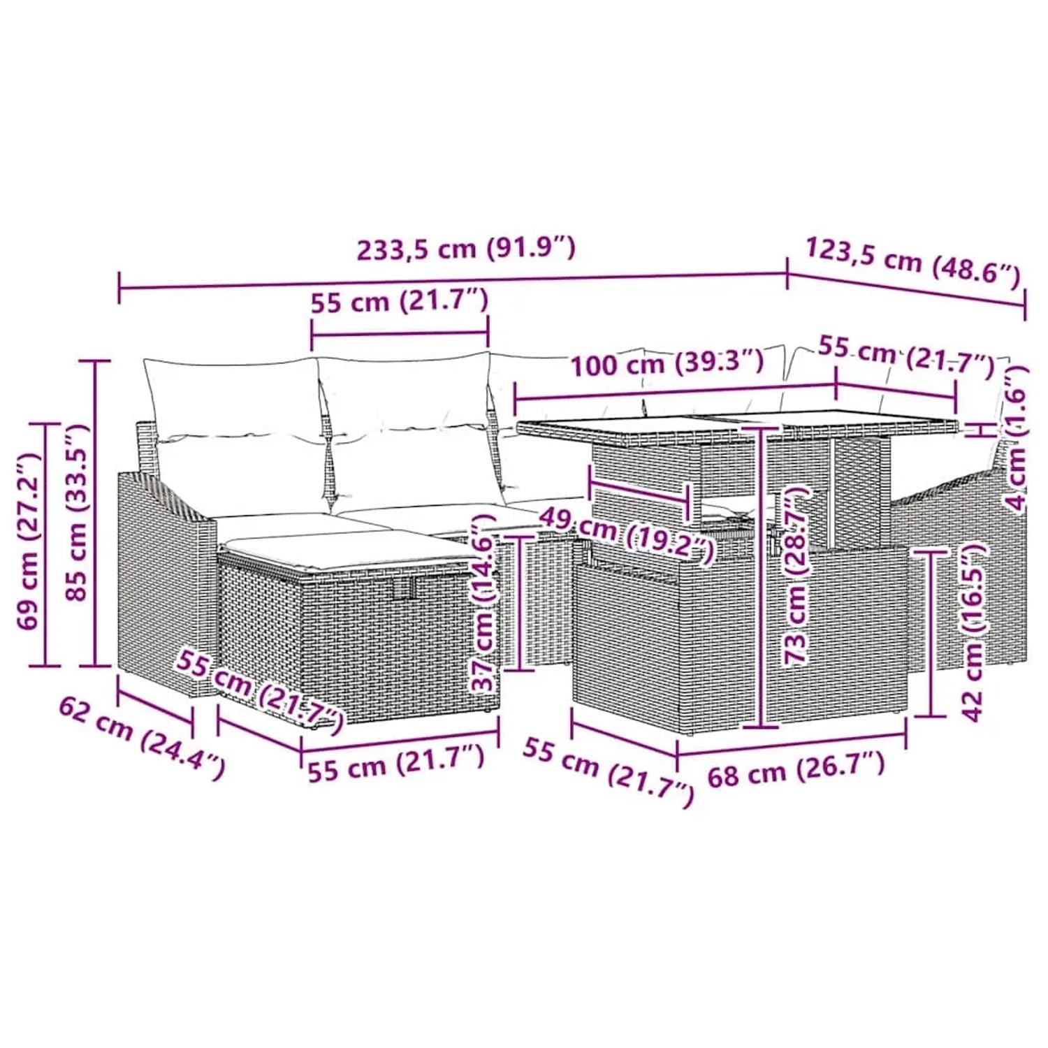 Graues 7-teiliges Garten-Sofa-Set aus Polyrattan mit Kissen und Stauraum. Abmessungen sind eingezeichnet.