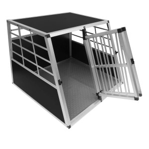 Monstershop Auto Hundetransportbox Doppelbox aus Aluminium mit offener Tür.