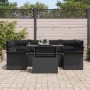 Schwarzes 7-teiliges Garten-Sofa-Set aus Poly Rattan mit Tisch und Kissen von vidaXL.