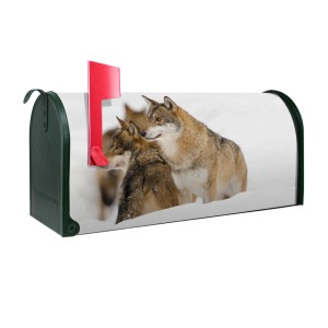 Grüner US Briefkasten mit Wolfsmotiv. Amerikanischer Postkasten aus Stahl, pulverbeschichtet.