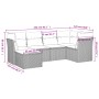 Braune 6-tlg. vidaXL Garten-Sofagarnitur aus Poly Rattan mit cremeweißen Kissen und Maßangaben.