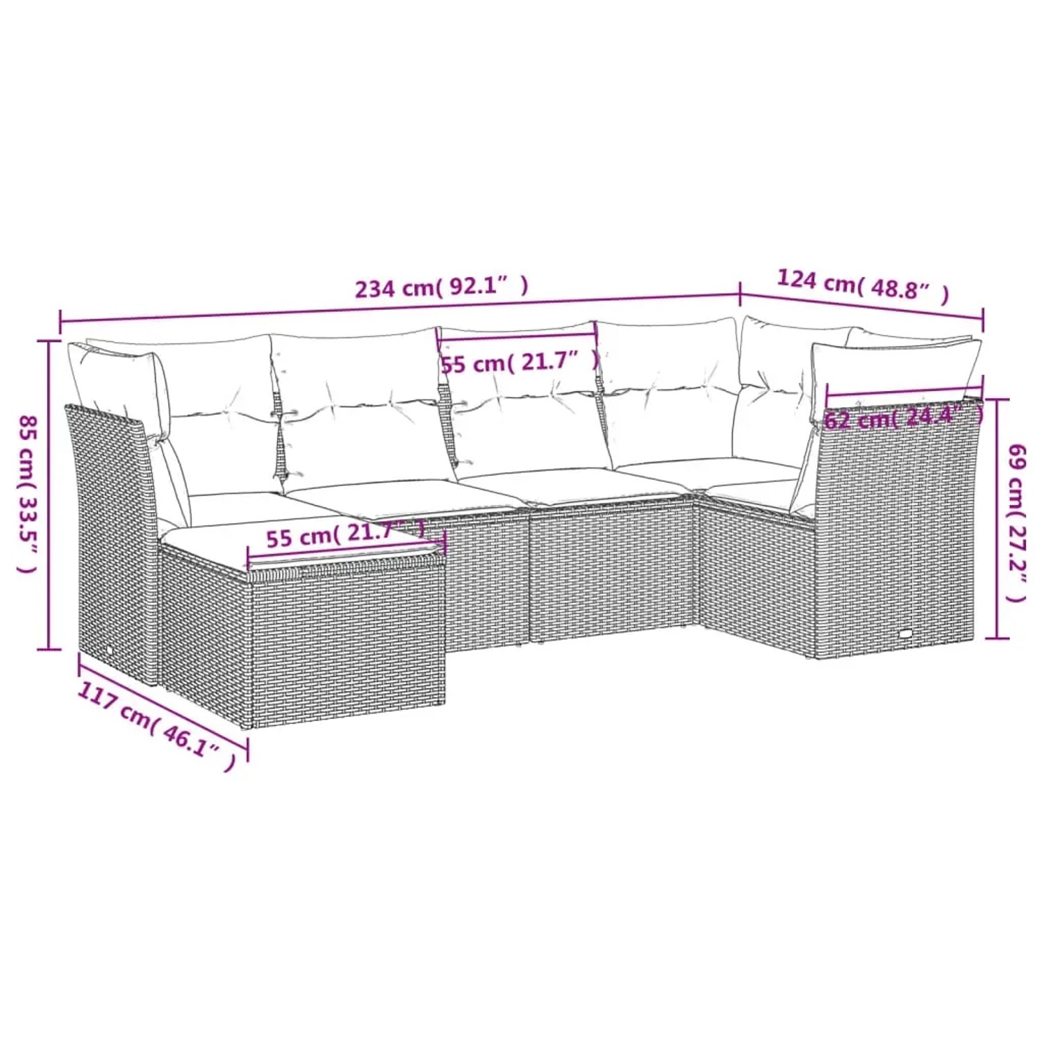 Braune 6-tlg. vidaXL Garten-Sofagarnitur aus Poly Rattan mit cremeweißen Kissen und Maßangaben.