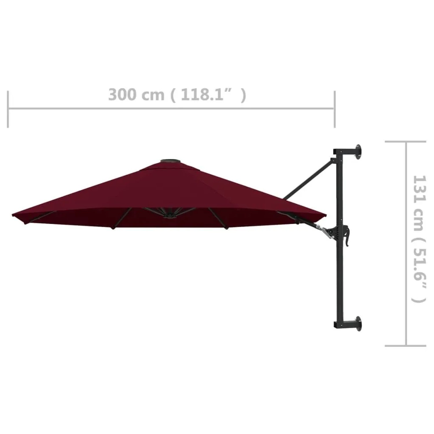 Burgunderroter vidaXL Wand-Sonnenschirm, 300 cm Durchmesser, mit Metallmast und Kurbel.