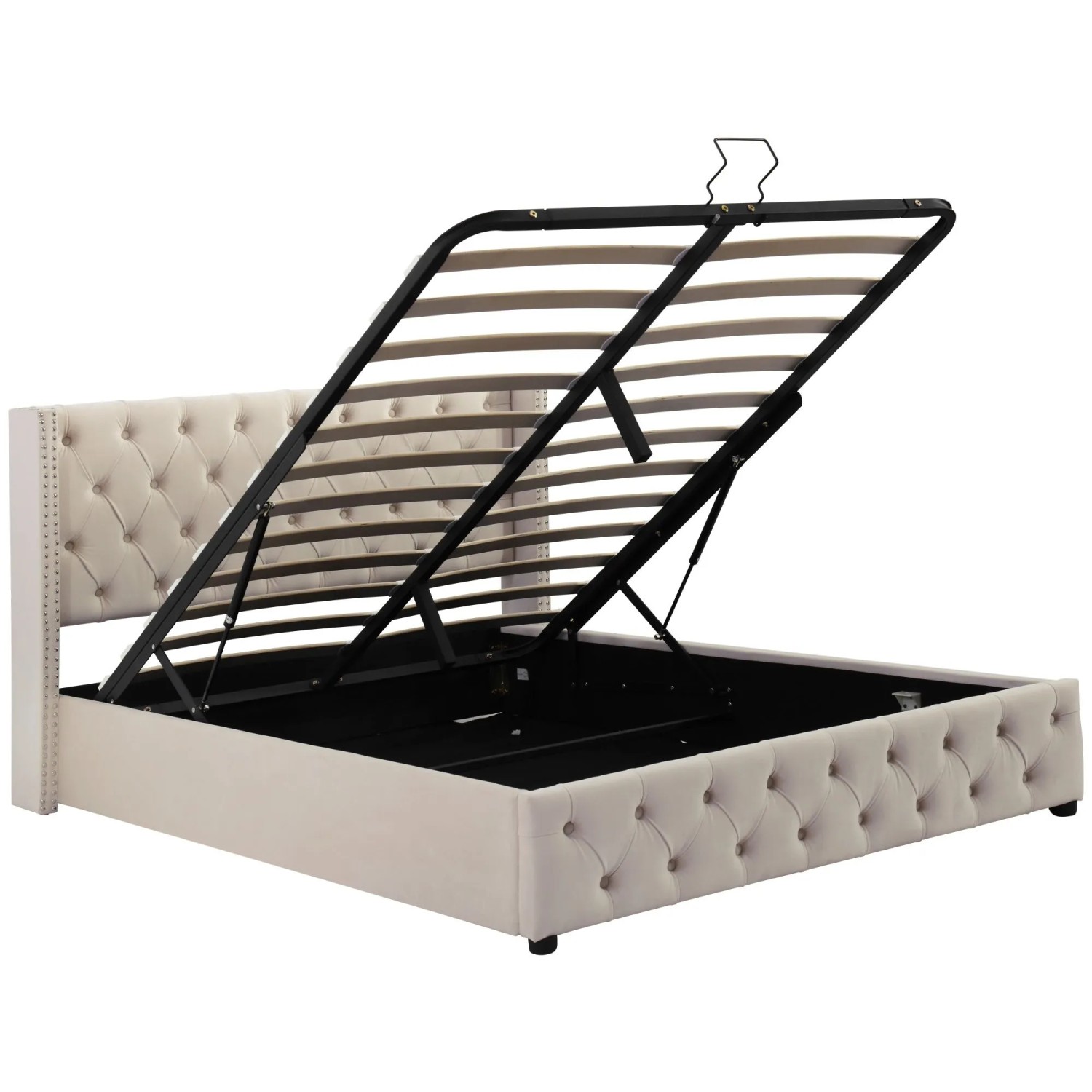 KOMHTOM Hydraulisch Gepolstertes Doppelbett 140 x 190 Cm  Mit Doppelter Reihe Flanellnieten Und Genähtem Knopfloch  Samt  Schwarz  Beige