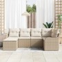 Beige-weißes 6-tlg. vidaXL Garten-Sofa-Set aus Poly Rattan mit Kissen.