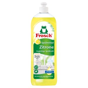 Frosch Spülmittel Zitrone 750 ml. Gelbe Flasche mit Frosch-Logo. Ergiebige Spülkraft für Geschirr.