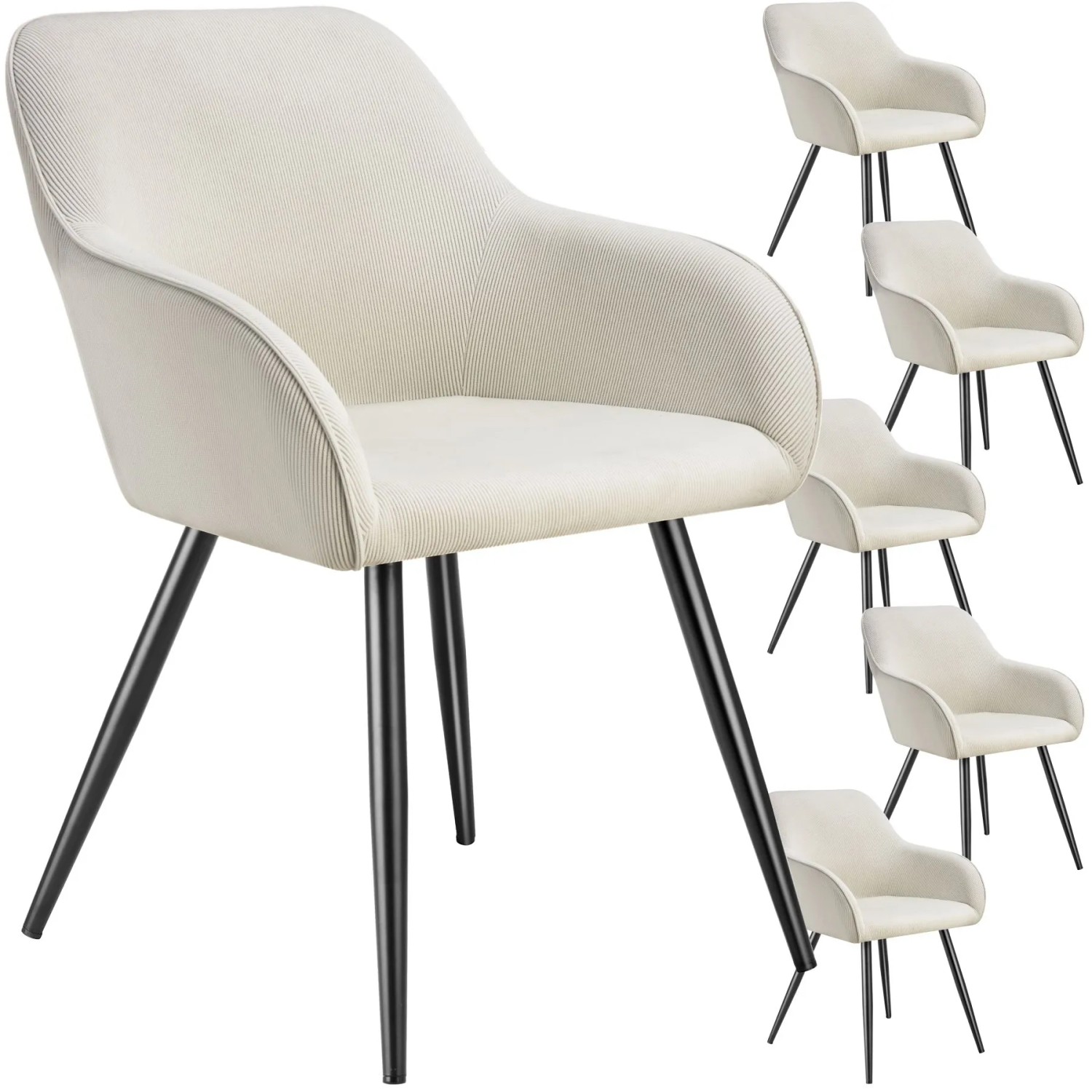 Tectake Esszimmerstuhl Marilyn Gepolstert  In Cordoptik Durchgehende Lehne 6Er Set 58 x 62 x 82 cm Creme Schwarz