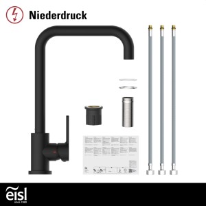 EISL Spültischarmatur FUTURA Niederdruck, schwarz matt, mit eckigem Auslauf, Einhebelmischer und Zubehör.