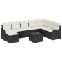 Schwarzes 9-teiliges vidaXL Garten-Sofa-Set aus Poly Rattan mit Kissen und Tisch.