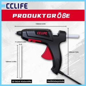 CCLIFE Heißklebepistole 70W, schwarz-rot, mit 30 Klebestiften (11,2mm) und Tropfstopp.