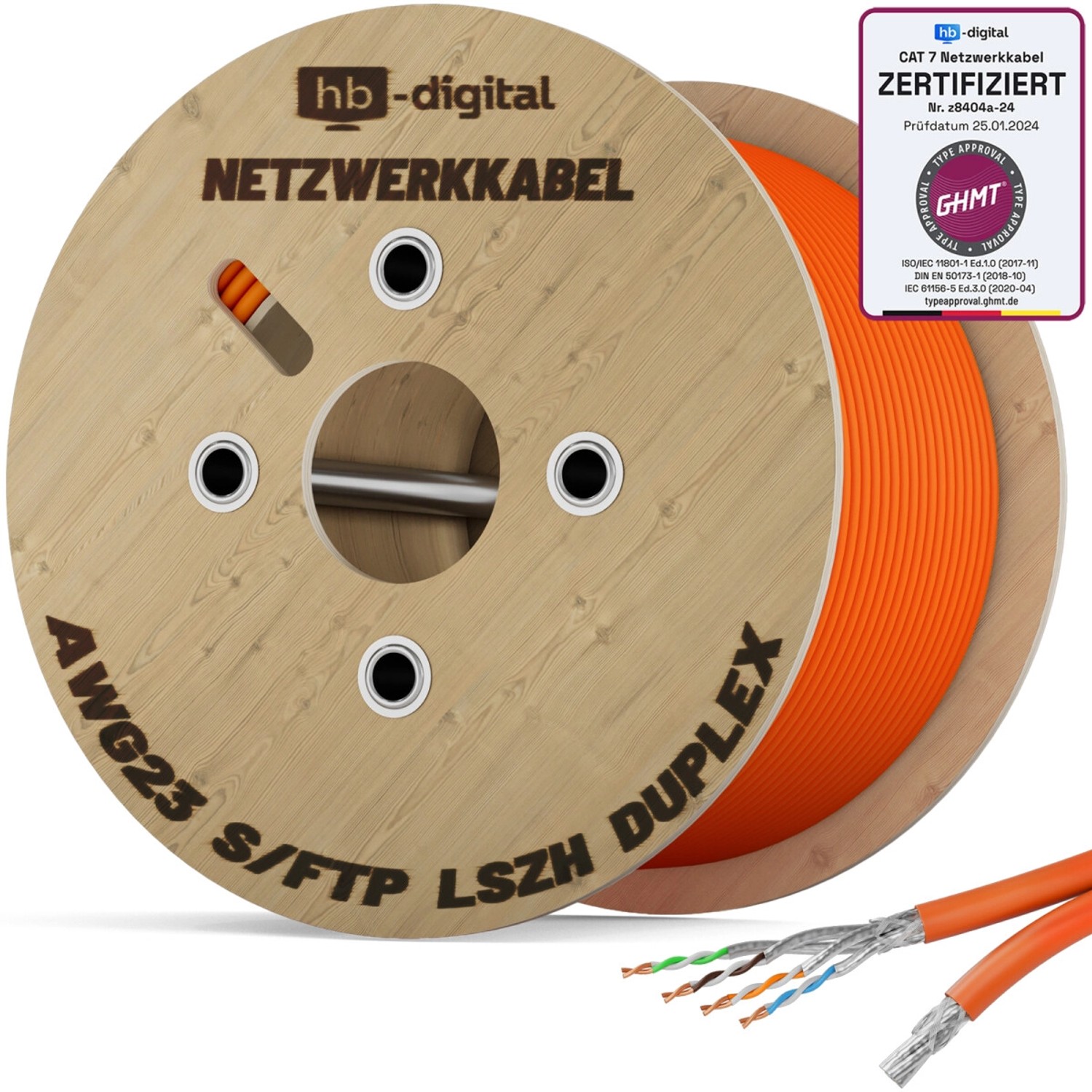 Thumbnail - hb-digital CAT 7 Kabel Duplex Ethernetkabel LSZH max. 1000 MHz S/FTP AWG23 250m orange