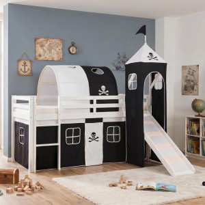 Weißes Homestyle4u Kinderhochbett 90x200 mit schwarz-weißem Piraten-Vorhang, Rutsche, Tunnel und Turm.