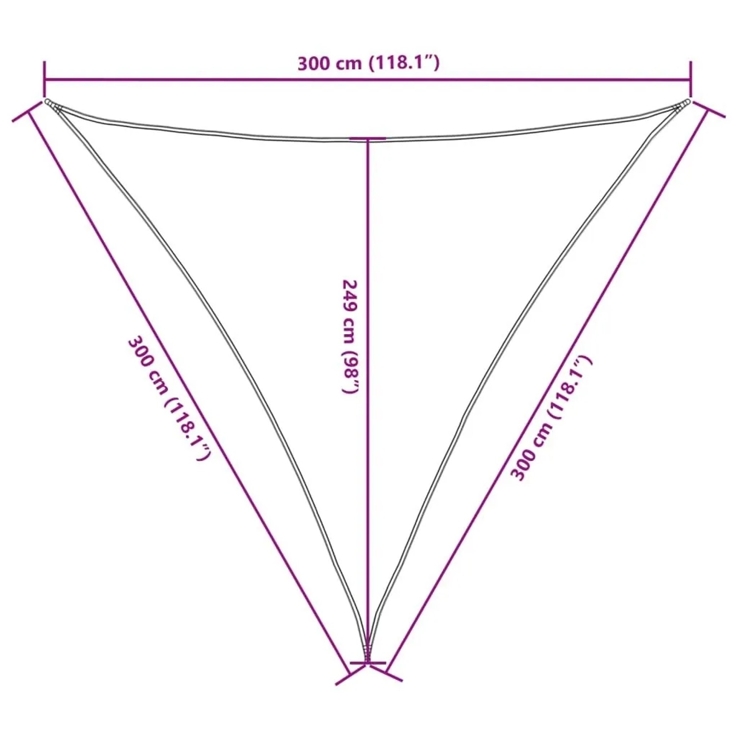 Dreieckiges Sonnensegel 3x3x3 m mit Maßen. Seiten 300 cm, Höhe 249 cm.