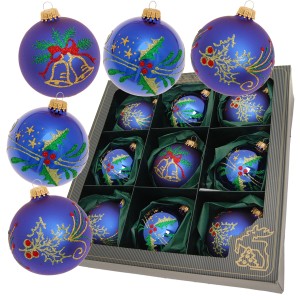 9 blaue Krebs Glas Lauscha Weihnachtskugeln (8cm) mit Glitzer-Dekor im Set.