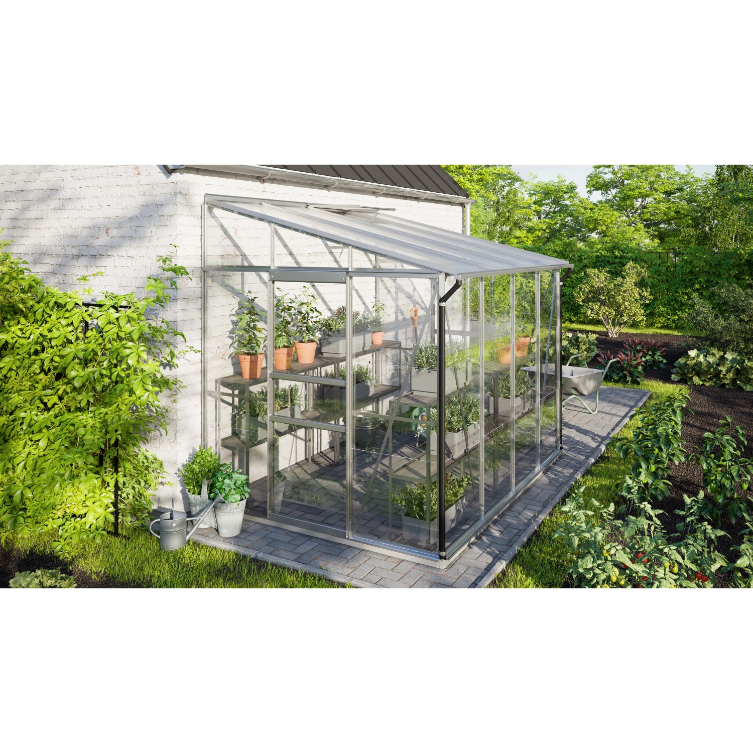 Vitavia Anlehn-Gewächshaus Ida 5200 mit ESG/HKP Verglasung und Aluminiumrahmen.