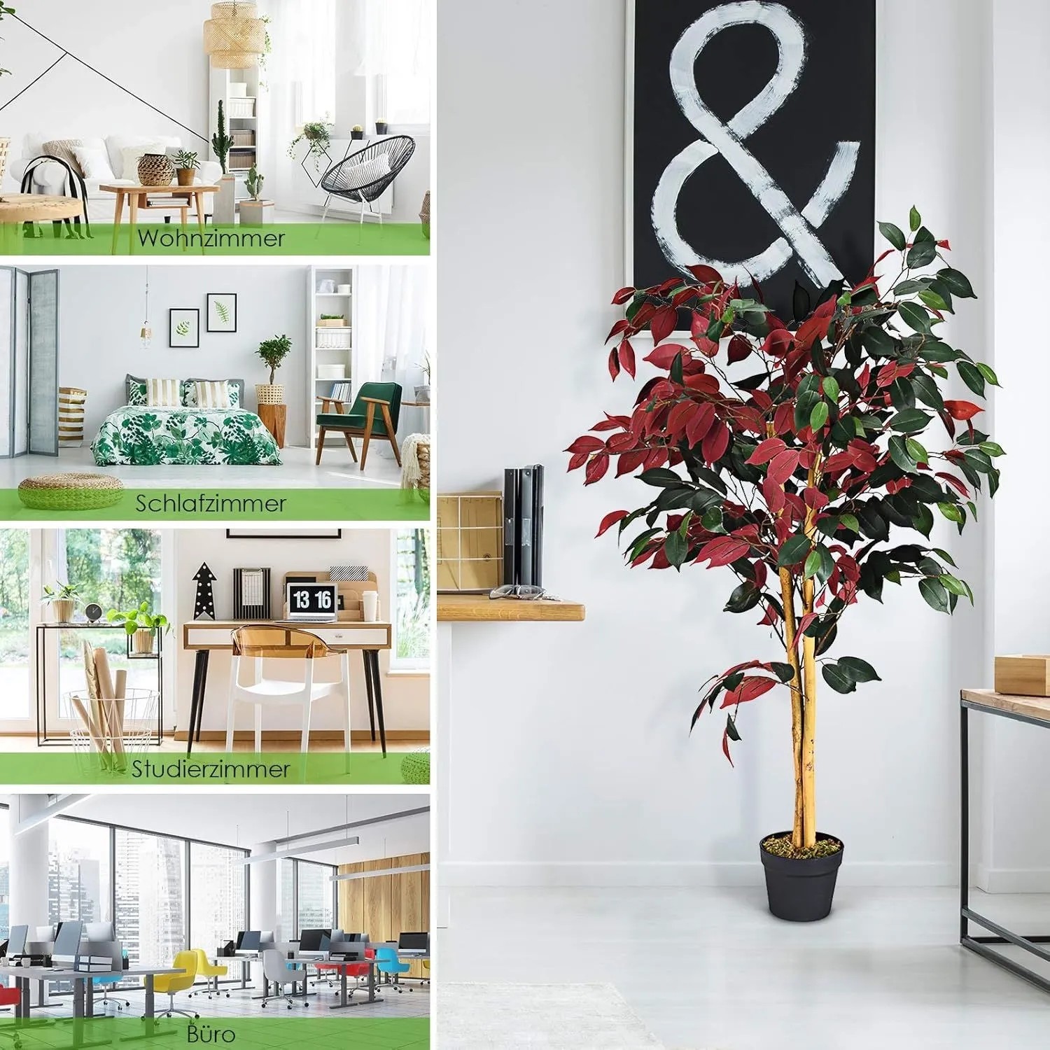 Costway Kunstpflanze Ficus, 120cm hoch, mit lebensechten grünen und roten Blättern im schwarzen Topf. Für Zuhause & Büro.