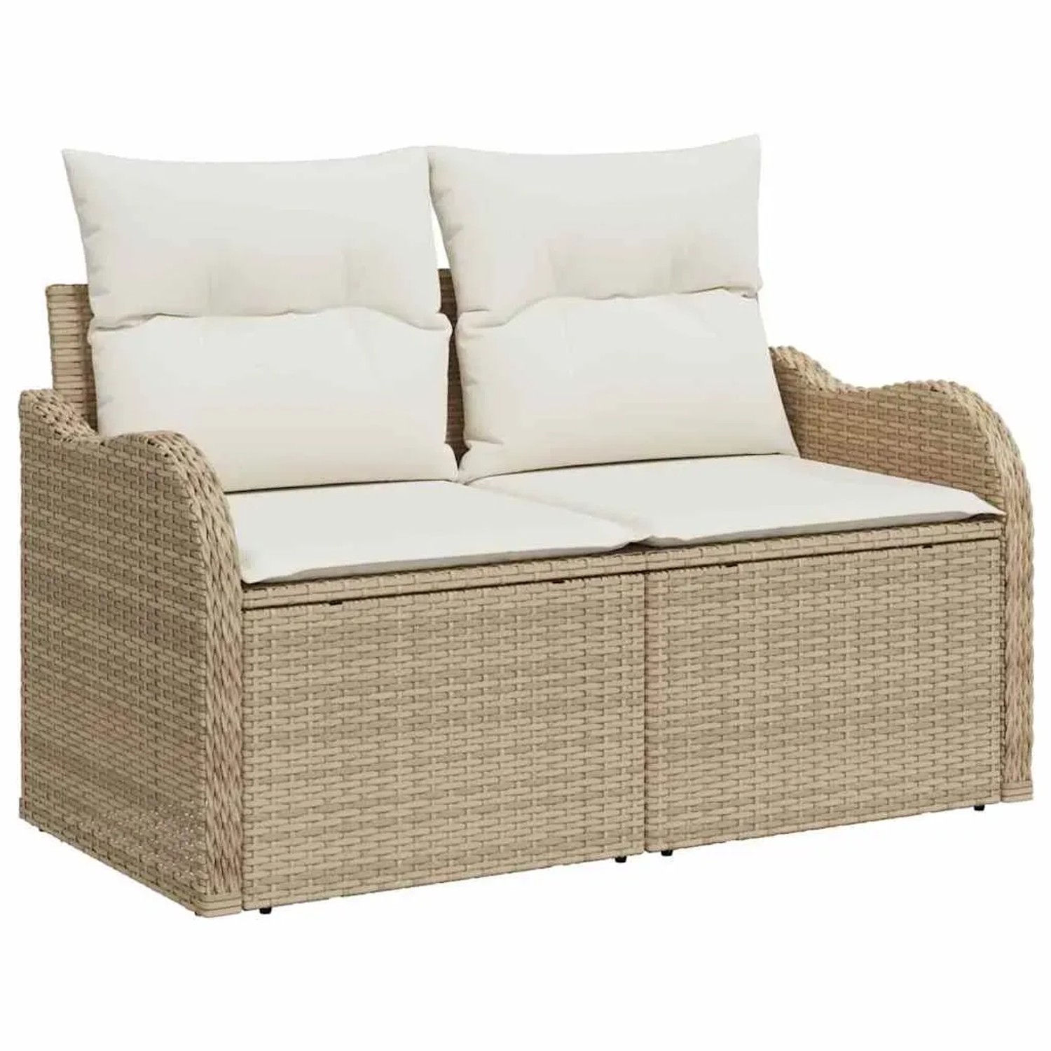Beiges 2-Sitzer Gartensofa aus Rattan mit Kissen, Teil des vidaXL 5-teiligen Gartenmöbel Sets.