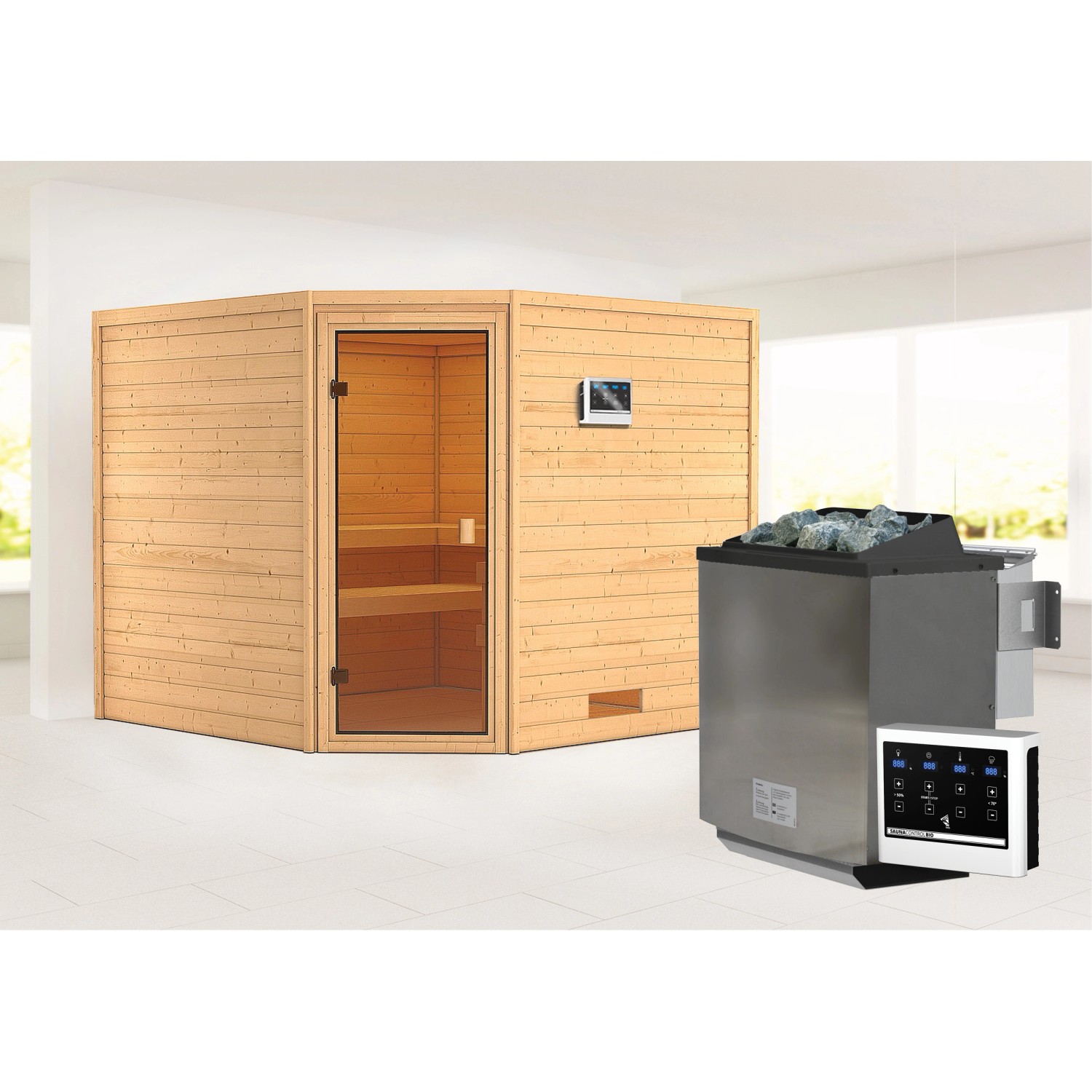 Karibu Sauna Leona mit Bio-Ofen externe Stg.Easy Natur