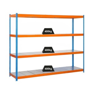 Blau-oranges Schwerlastregal Big Metal Yeti Four mit 400 kg Fachlast, ideal für Werkstatt und Garage.