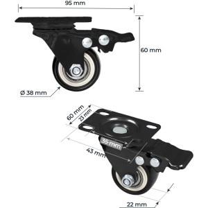 Schwarze HMF Schwerlastrolle mit Bremse, 38mm, bis 300kg, Detailansicht mit Maßangaben.