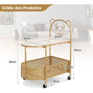 Goldener Beistelltisch mit Bärendesign, 2 Glas-Ebenen und Rollen. Moderner Glastisch für Wohnzimmer.