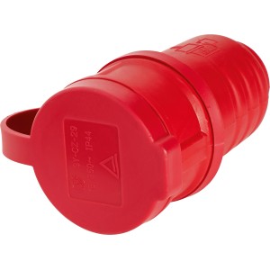 Rote Schutzkontakt Gummi-Kupplung, kurz, spritzwassergeschützt mit Knickschutz.