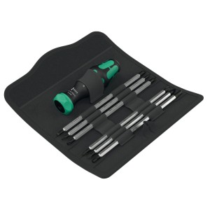 Wera Handhalter-Set, 7-teilig mit Schraubendreher und Bits in schwarzer Tasche.