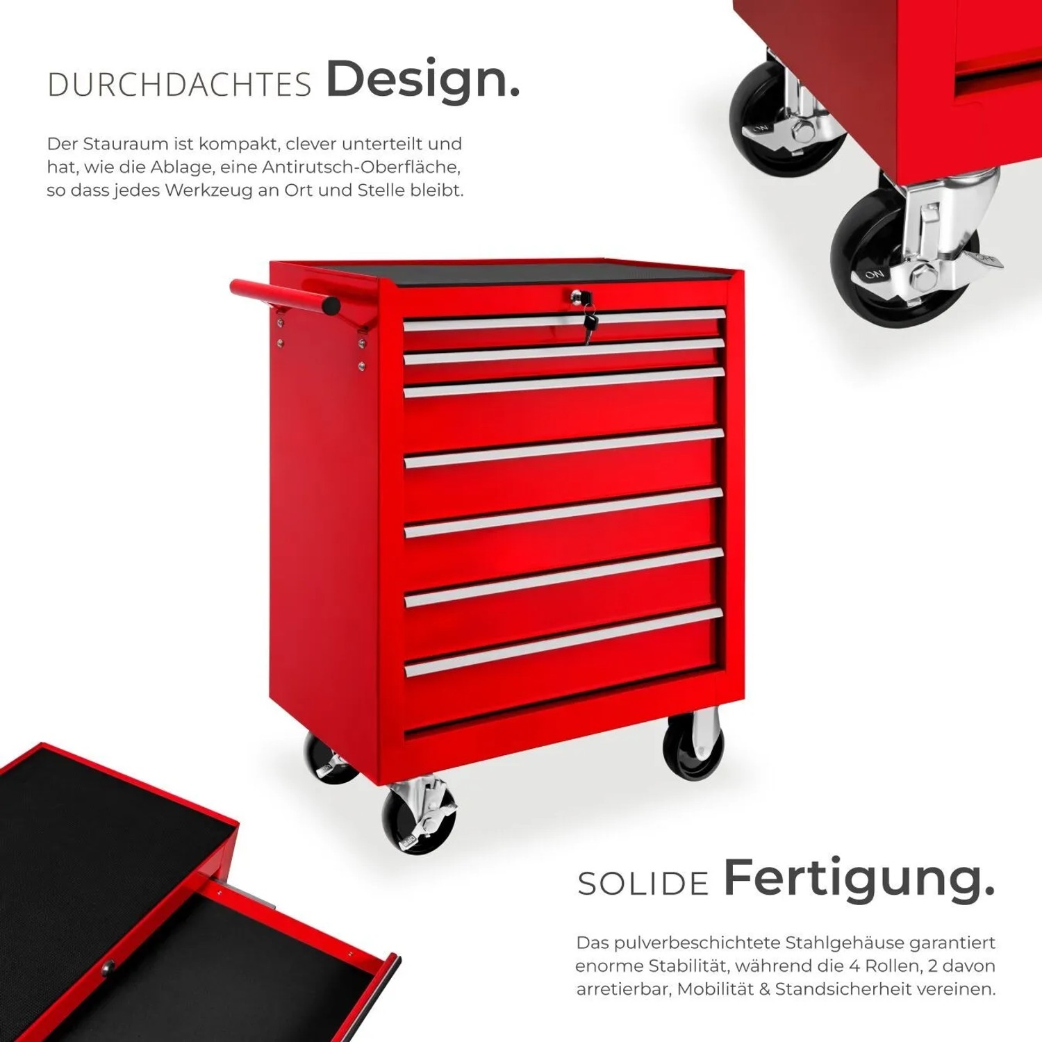 Tectake Werkzeugwagen  7 Kugelgelagerte Schubladen Mit Antirutschmatten Belastbarkeit 150 kg  69 x 33 x 79 cm Rot_3