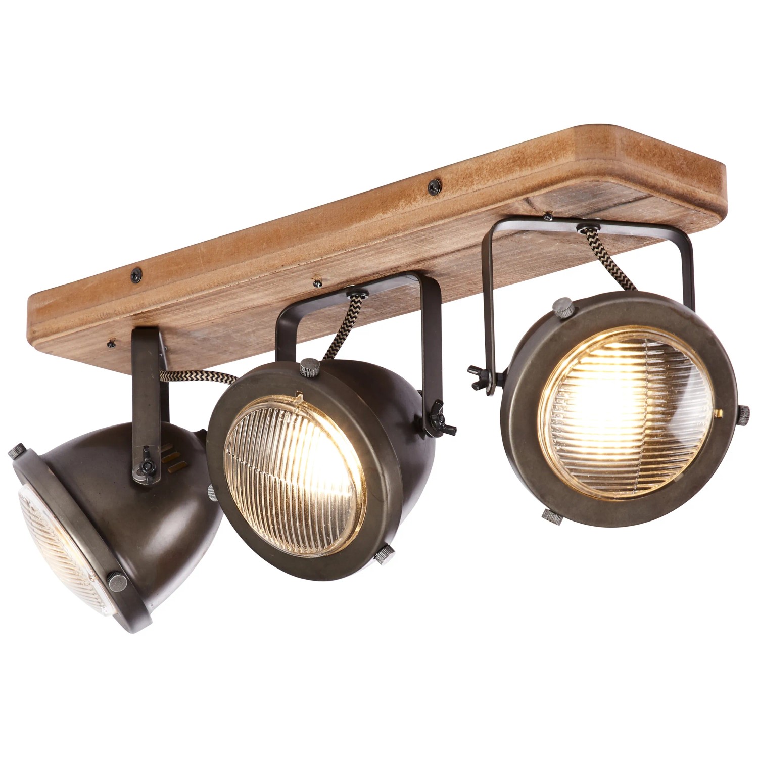 Brilliant Spot Carmen: 3-flammige Deckenleuchte aus Holz und Stahl in Burned Steel Optik.