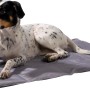 Graue Kühlmatte für Hunde (99,5x70cm) mit Pfotenmuster. Hund liegt entspannt darauf.