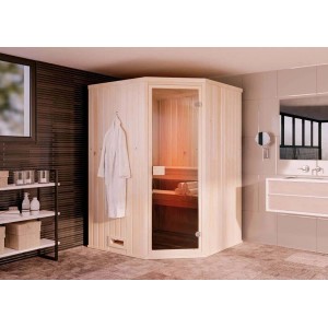 Finntherm Ecksauna aus Fichte, naturbelassen, mit Glastür und Saunaliegen im Badezimmer.