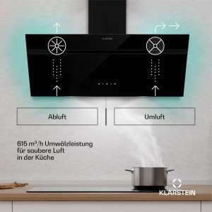 Schwarze Klarstein Alina Dunstabzugshaube mit Touch-Bedienfeld und LED-Beleuchtung.