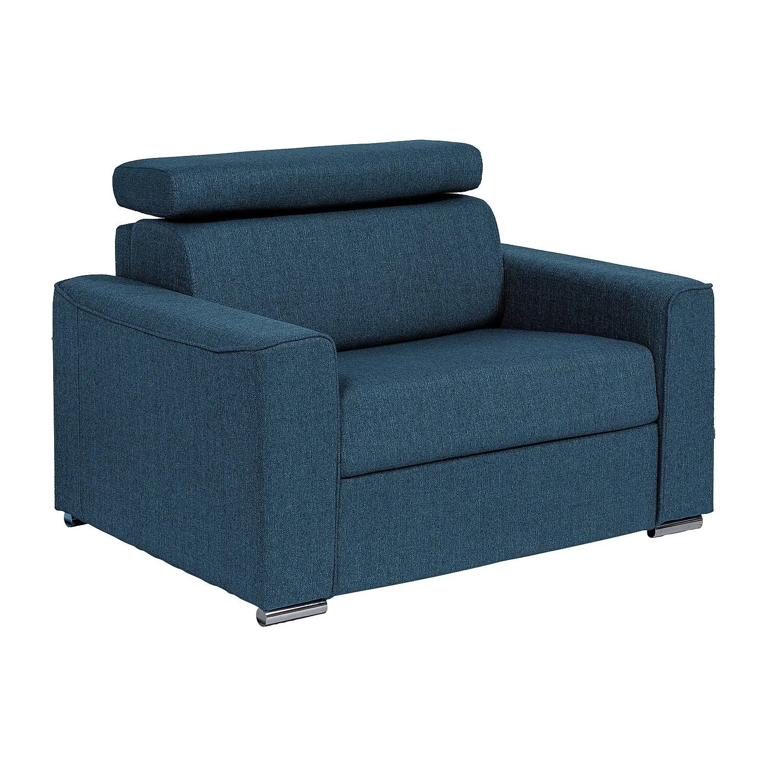 Blauer Vente-unique Schlafsessel Vizir aus Stoff, 127 cm, mit verstellbarer Kopfstütze und Chromfüßen.