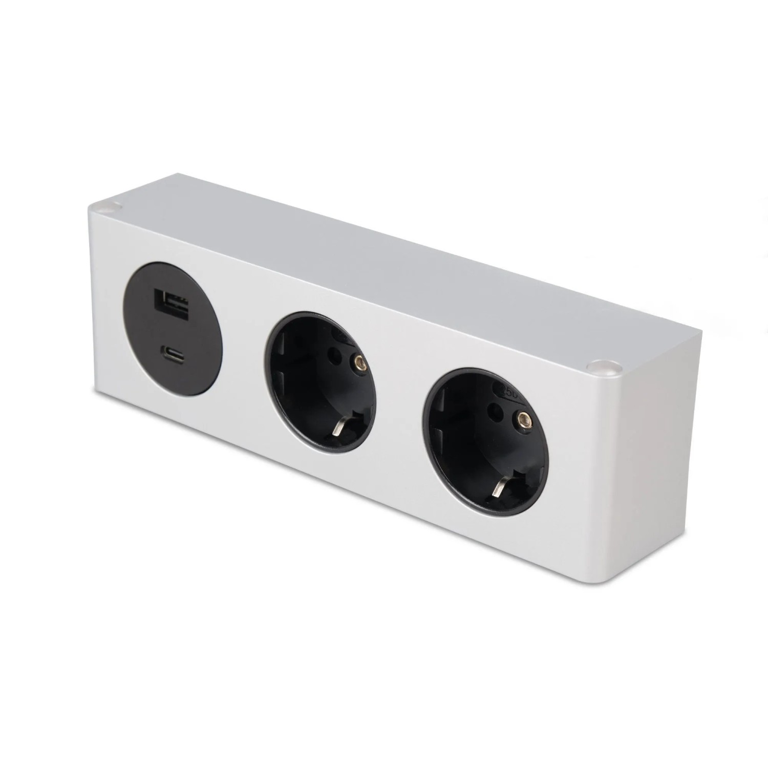 Thumbnail - kalb Steckdosenleiste 3 Fach zur Montage 2x 230V 2x USB 200x46x62,5 mm Kabel mit Stecker Silber