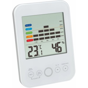 Weißes digitales Thermo-Hygrometer von TFA mit Temperatur- und Luftfeuchtigkeitsanzeige.