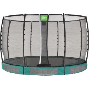 Grünes EXIT Allure Premium Bodentrampolin Ø 366 cm mit Sicherheitsnetz.