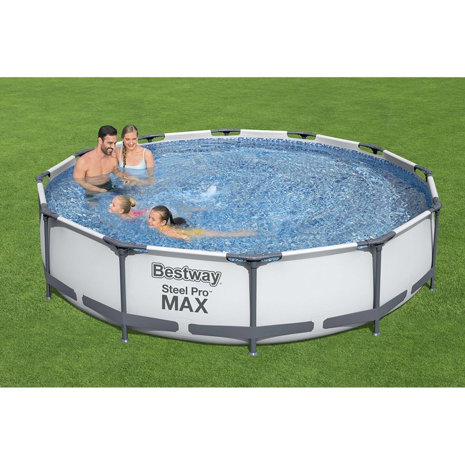 Bestway Stahlrahmen Pool Set Steel Pro Max, Ø 366 cm, mit Familie im Wasser auf Rasen.