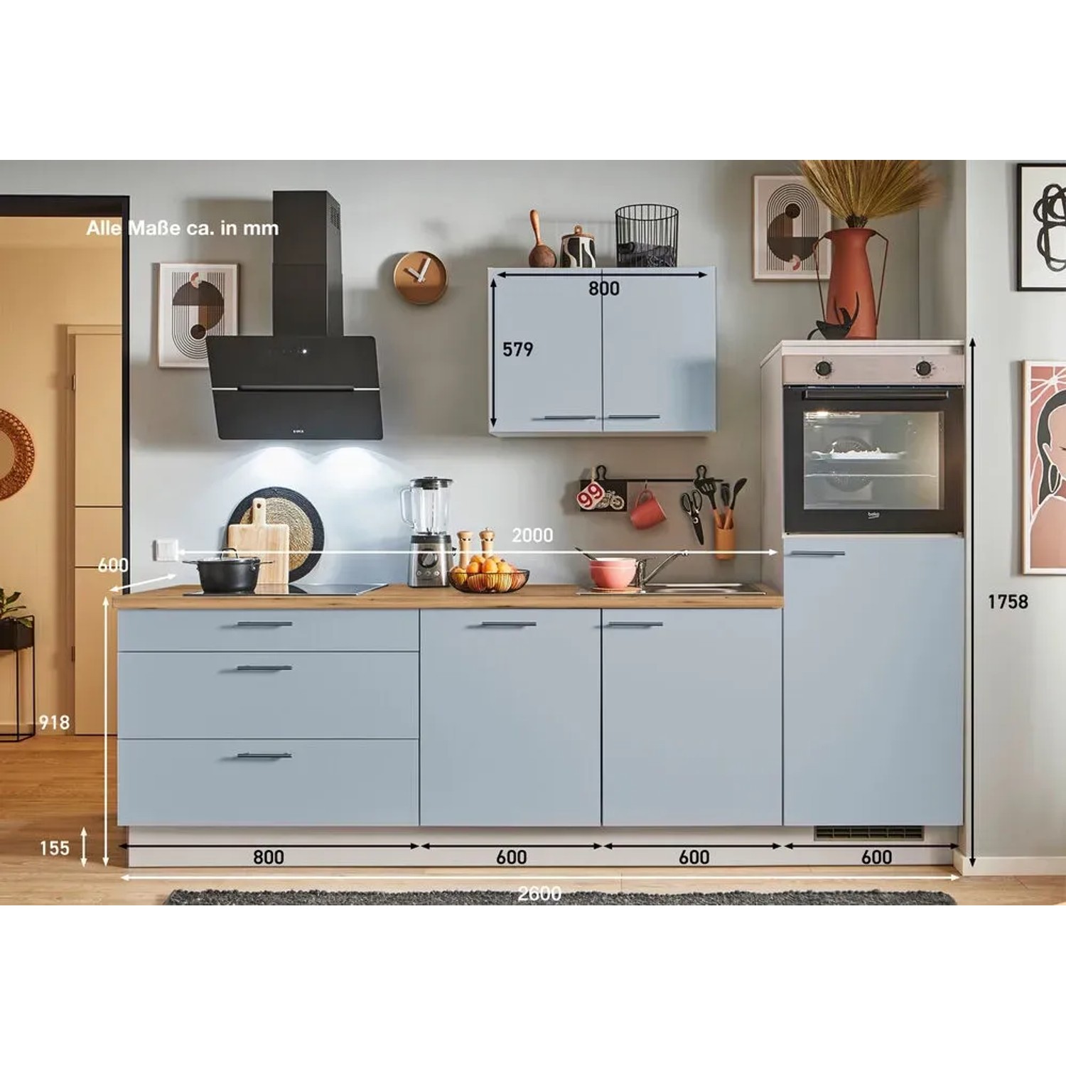 Pino Küchenzeile 260 cm in Pastellblau mit Geräteschrank (Anschlag rechts).