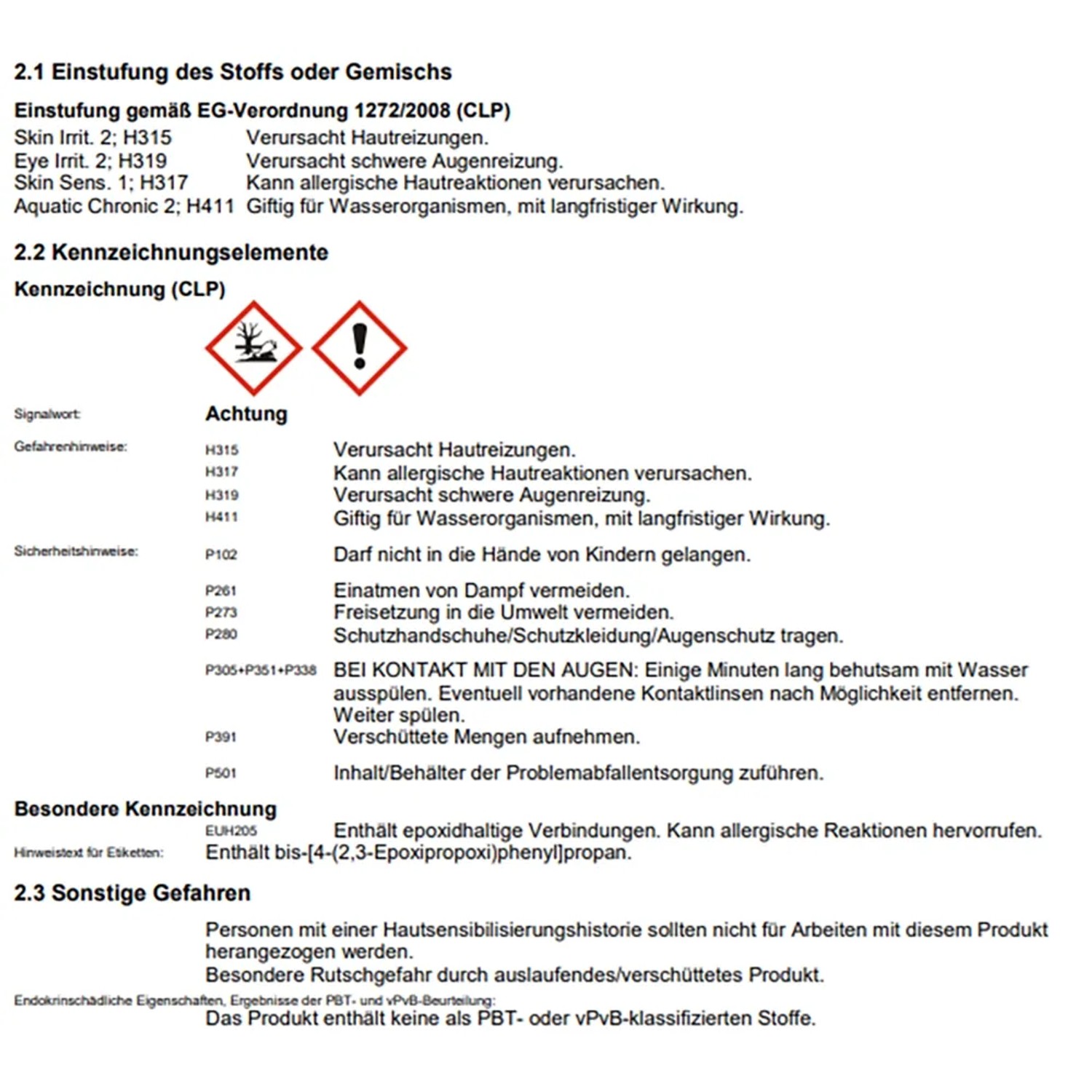 Sicherheitshinweise für chemische Produkte: Gefahrensymbole, Warnhinweise und Schutzmaßnahmen.