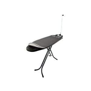 Schwarzer Leifheit Bügeltisch AirBoard M mit Thermo-Reflect-Bezug, Bügeleisenablage und Kabelhalter.