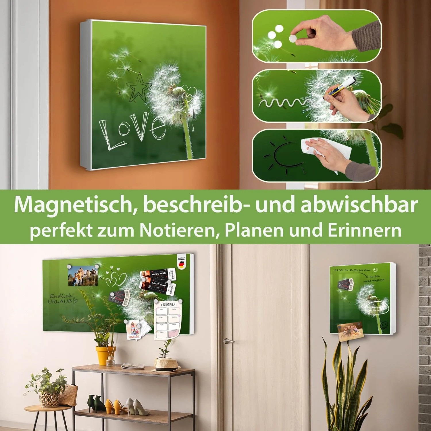 Banjado Großer Schlüsselkasten Metall 30x30cm Weiß Scharnier Links 50 Haken Beschreibbar Magnetisch Motiv Pusteblume
